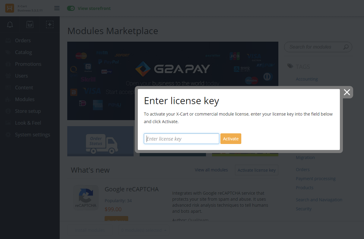 X-Cart marketplace module license activation page