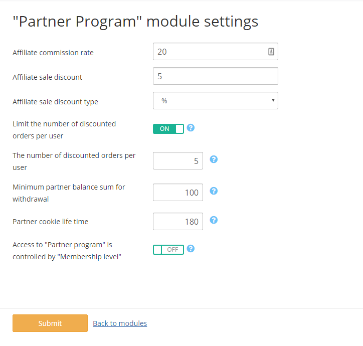 Partner program configuration page in admin back-end