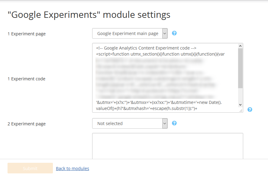 Google Analytics Experiments configuration page in X-Cart