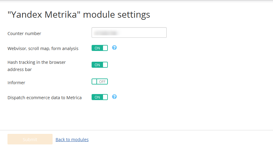 Yandex Metrika configuration page in X-Cart